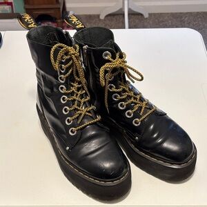 Dr. Martens Jadon Max Black Leather Platform Combat Boots with Gold Laces
